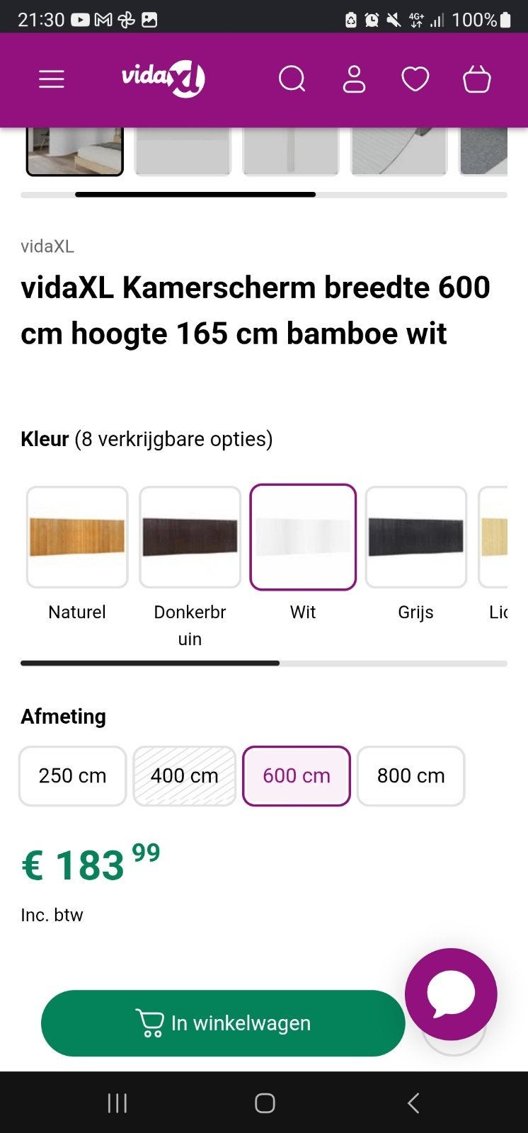 Nieuw Kamerscherm/Tuinscherm 6 meter breed - Wit Bamboe, Huis en Inrichting, Ophalen, Nieuw