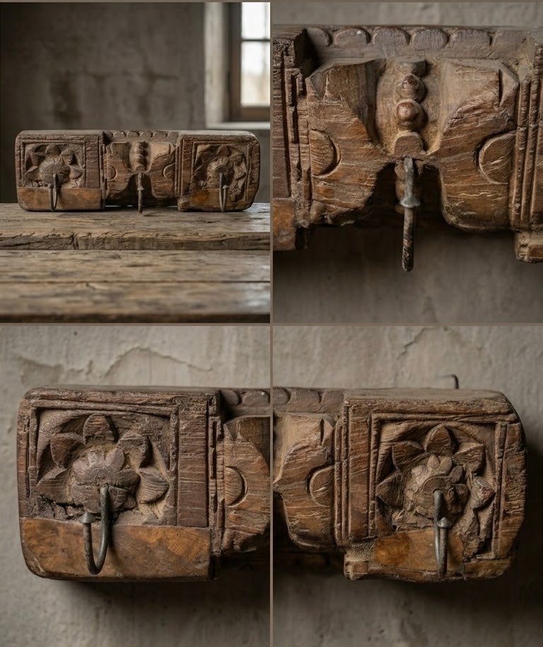 Unieke Houten Kapstok met Houtsnijwerk - Stoer & sober, Wandkapstok, Gebruikt, Ophalen of Verzenden, Minder dan 100 cm