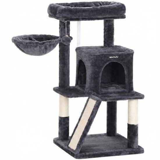 Krabpaal Kat 48x48x96 cm – Donkergrijs – Met Trap & Huisje, Ophalen, Zo goed als nieuw, Krabpaal
