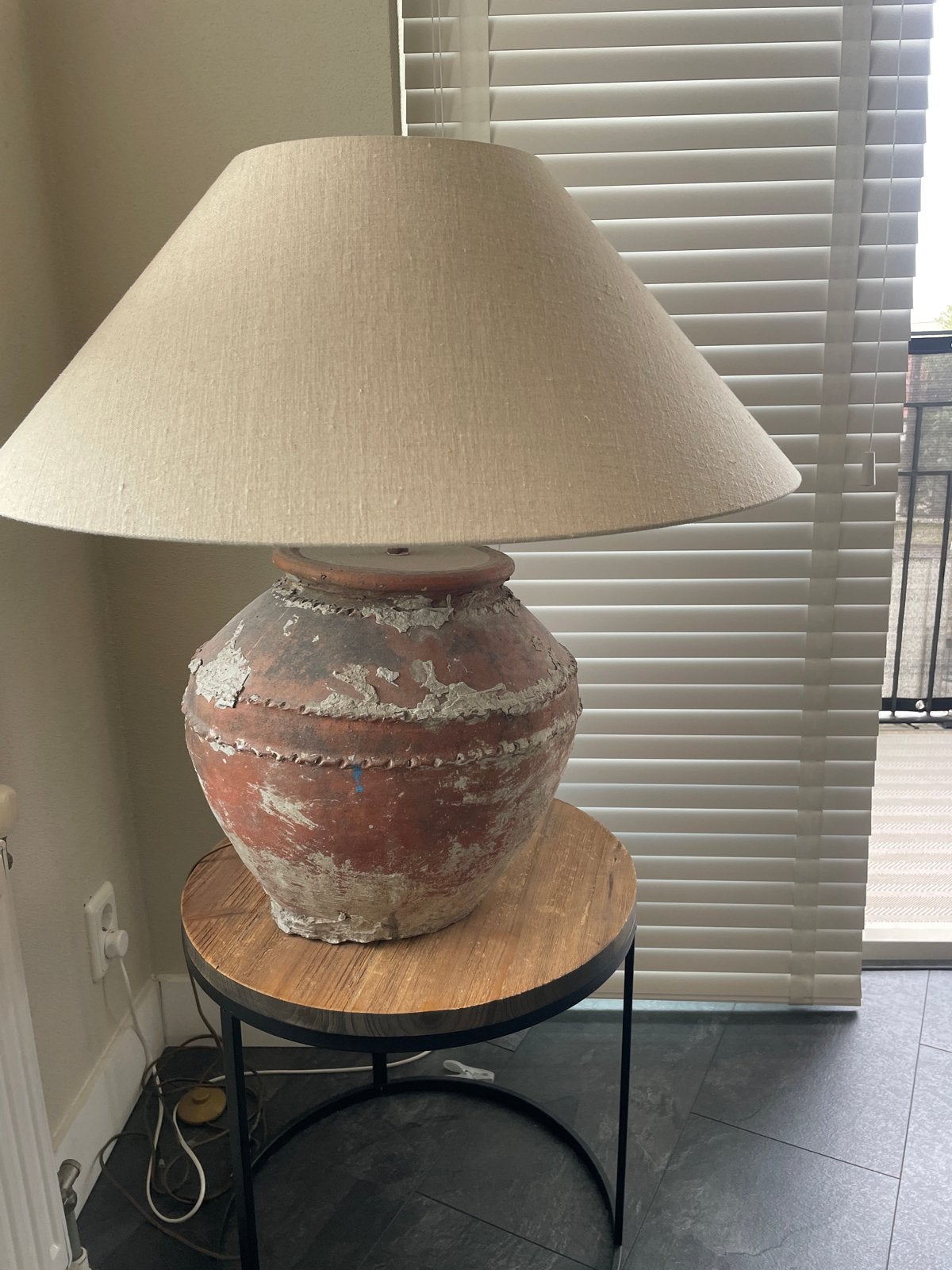 Rustieke terracotta tafellamp met linnen kap, Antiek en Kunst, Ophalen