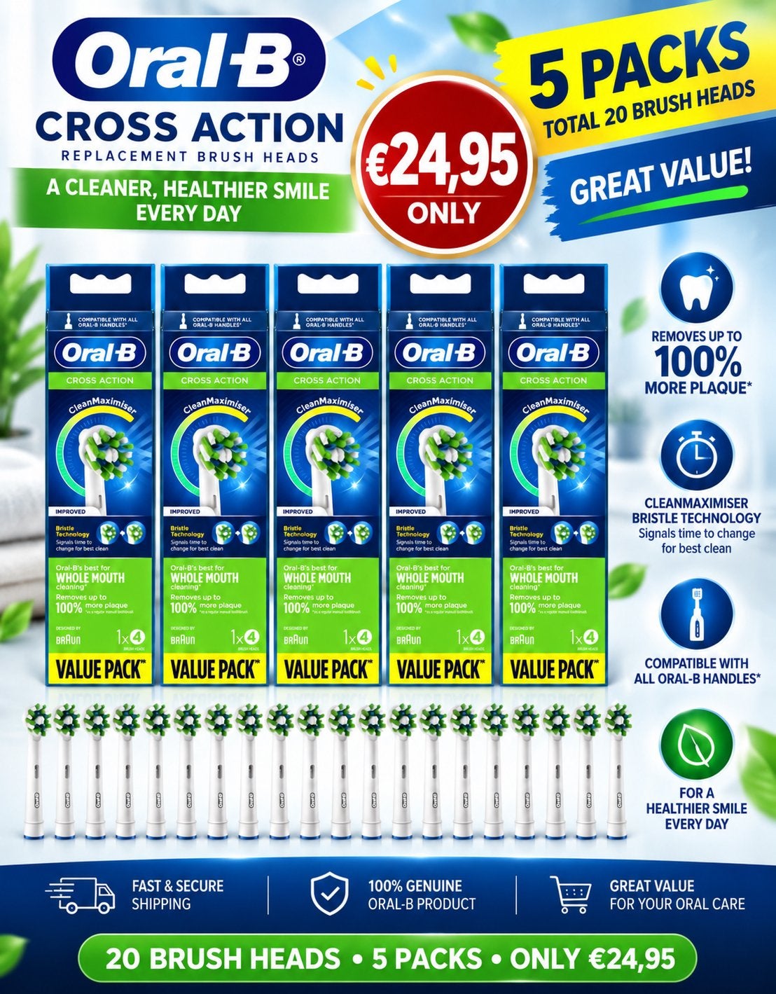 Oral-B Cross Action Opzetborstels - 20 stuks, Ophalen of Verzenden, Nieuw, Mondverzorging