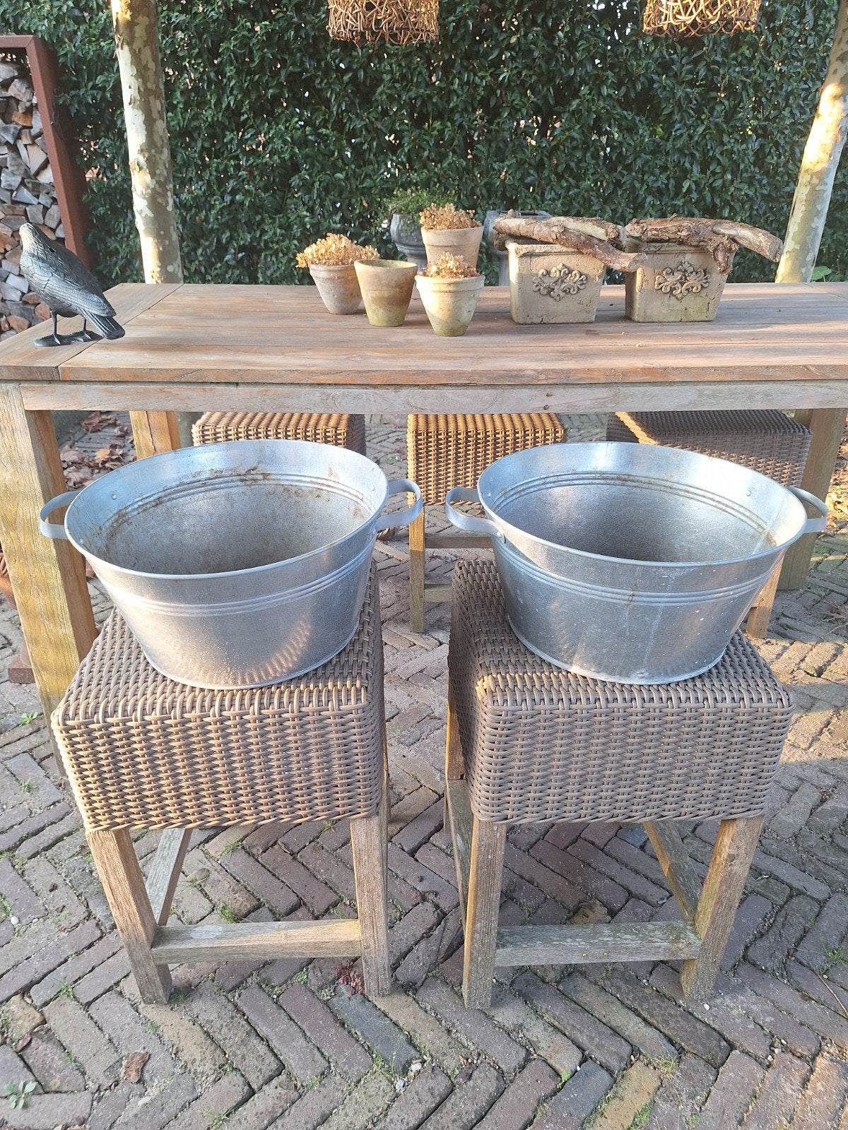 Set van 2 zinken plantenbakken/emmers - Gebruikt, Ophalen, Gebruikt, Minder dan 30 cm, Rond