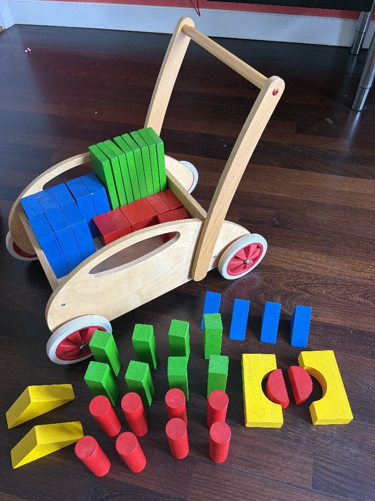 Houten duwwagentje mey] 50 houtenblokken, Ophalen, Gebruikt, Duw- of Trekspeelgoed