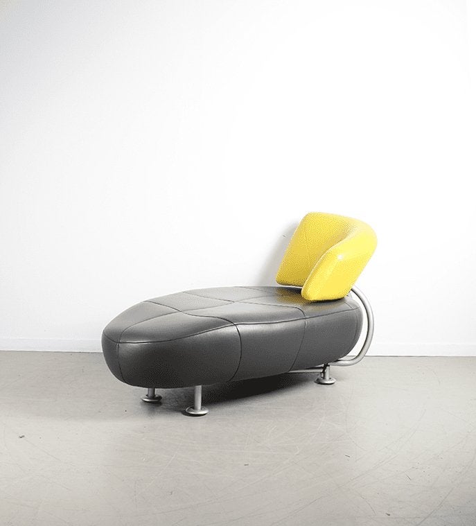 Leolux Kikko Chaise Longue Fauteuil Zwart/Geel Leer, Leolux, Zo goed als nieuw, Niet ingevuld, Niet ingevuld