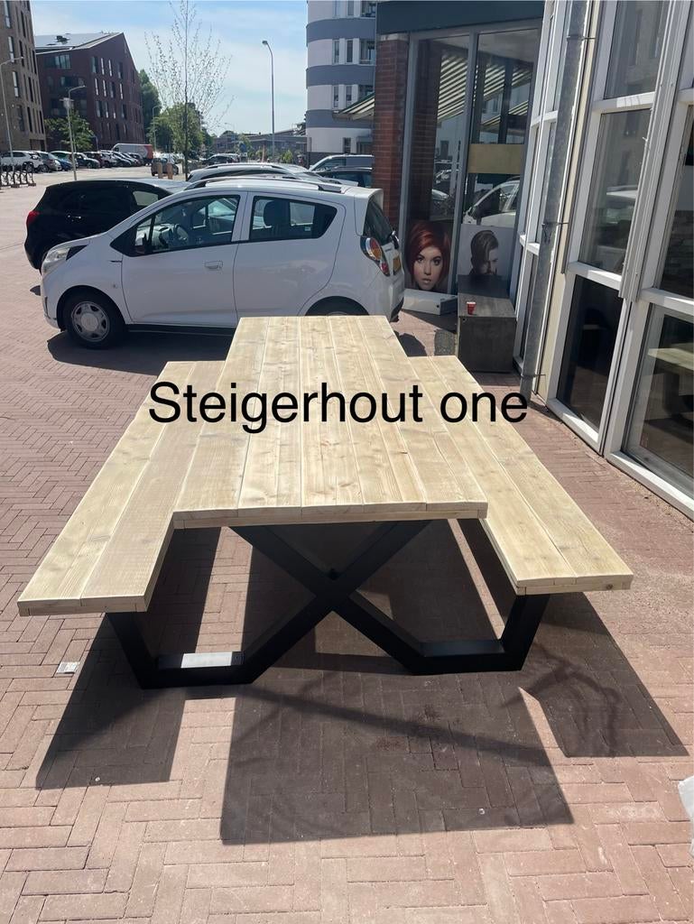 Steigerhout picknickset met ijzeren onderstel GOEDKOOPSTE!!!, Ophalen of Verzenden, Gebruikt, Rechthoekig, Hout