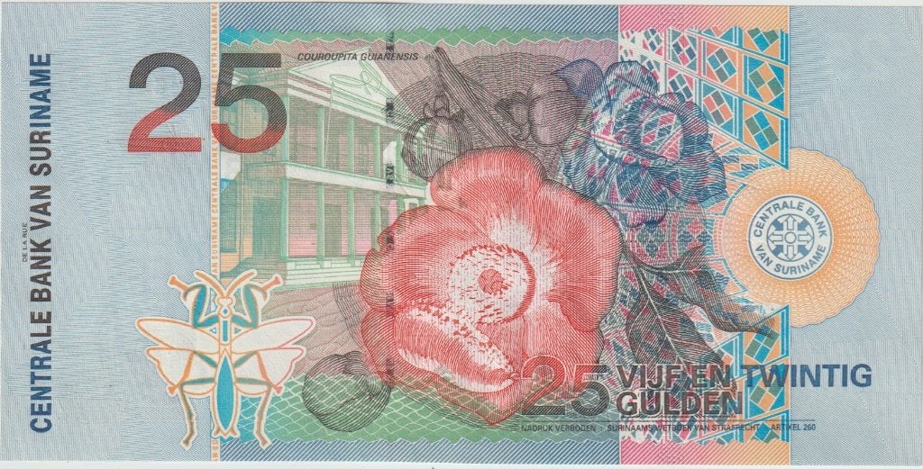 Surinaams bankbiljet 25 Gulden 2000 (Couroupita Guianensis), Postzegels en Munten, Bankbiljetten | Oceanië, Ophalen of Verzenden