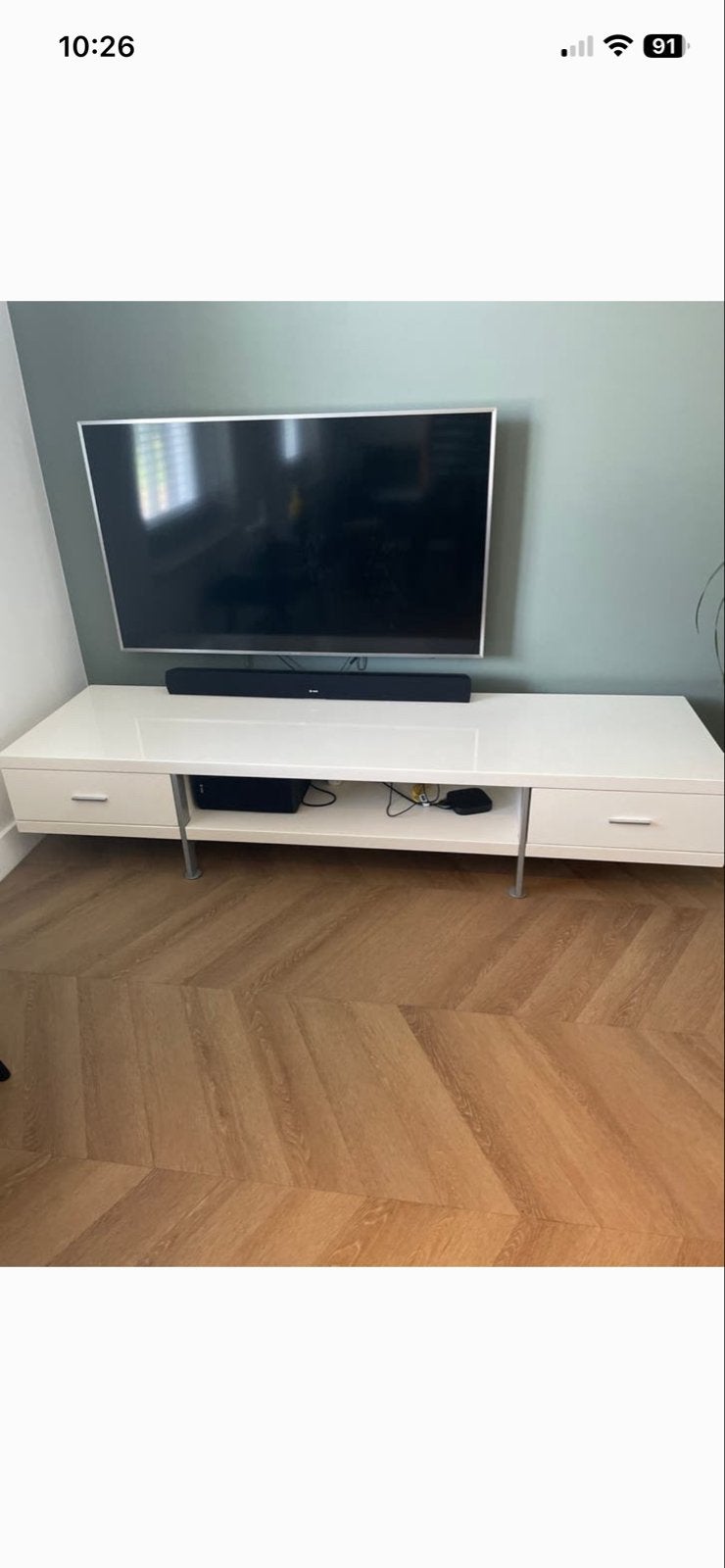 Hooglans wit tv meubel, Huis en Inrichting, Kasten | Televisiemeubels, Ophalen, Overige materialen, Gebruikt, 150 tot 200 cm
