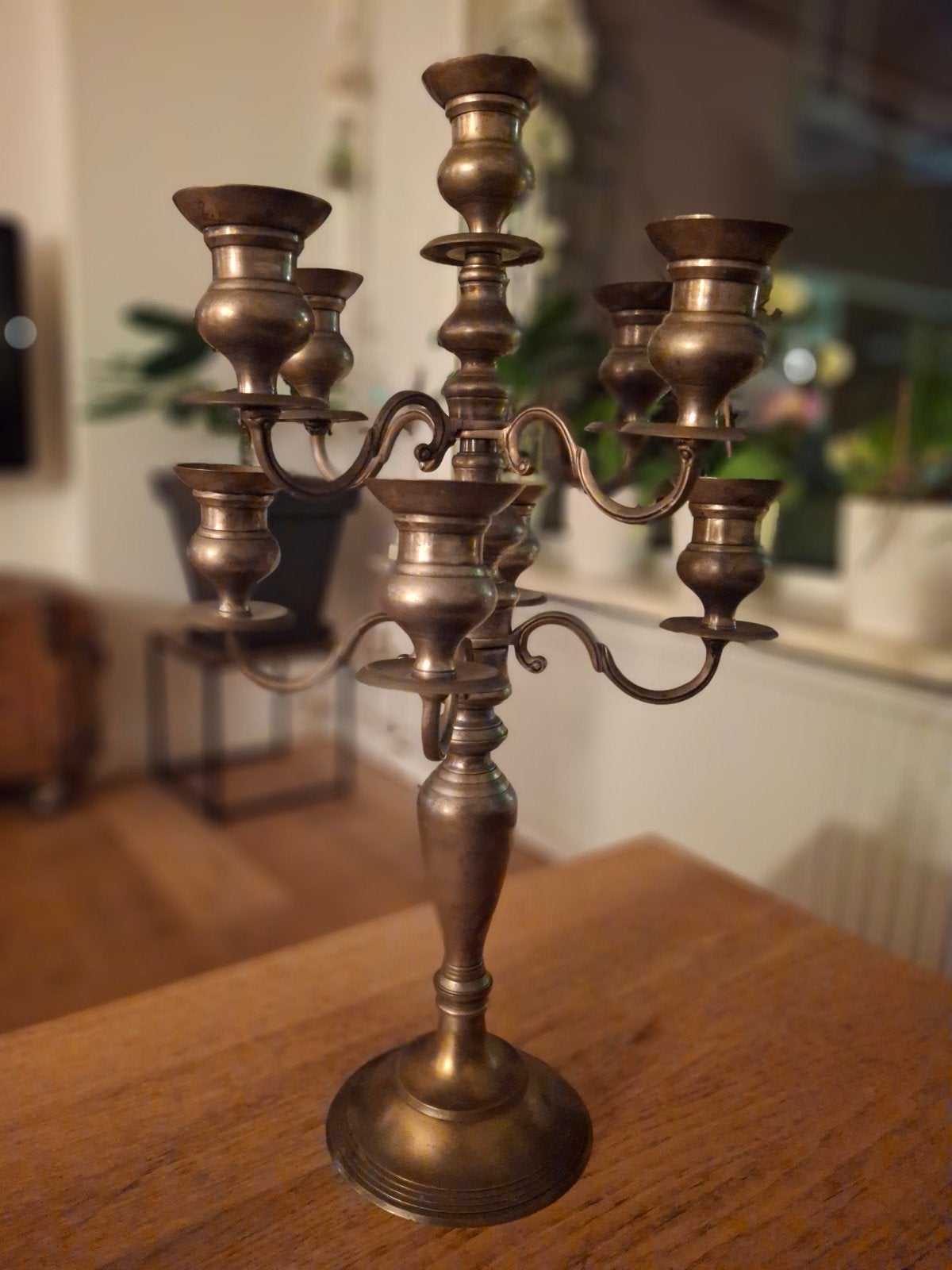 vintage grote messing kandelaar met 9 armen, Ophalen of Verzenden, Koper of Brons