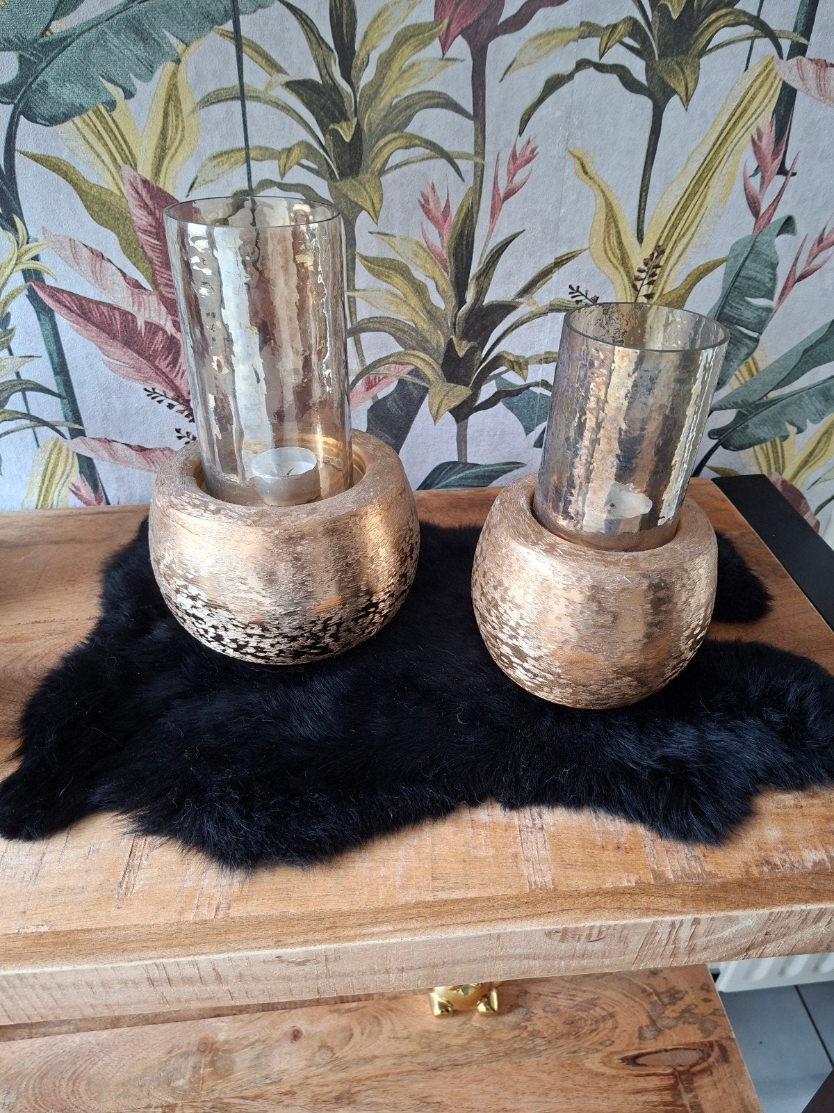 Set van 2 gouden windlichten/kandelaars, Huis en Inrichting, Ophalen, Windlicht, Nieuw, Metaal