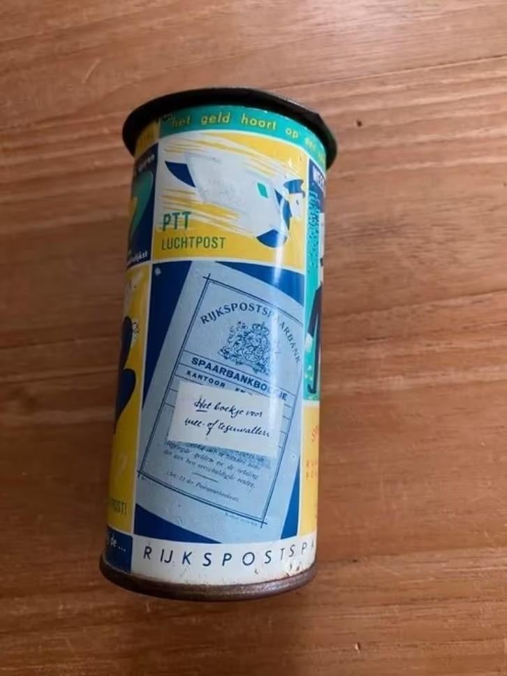 Oud spaarpotje van de rijkspostspaarbank, Verzamelen, Spaarpotten, Ophalen of Verzenden, Gebruikt, Metaal of Blik, Overige thema's
