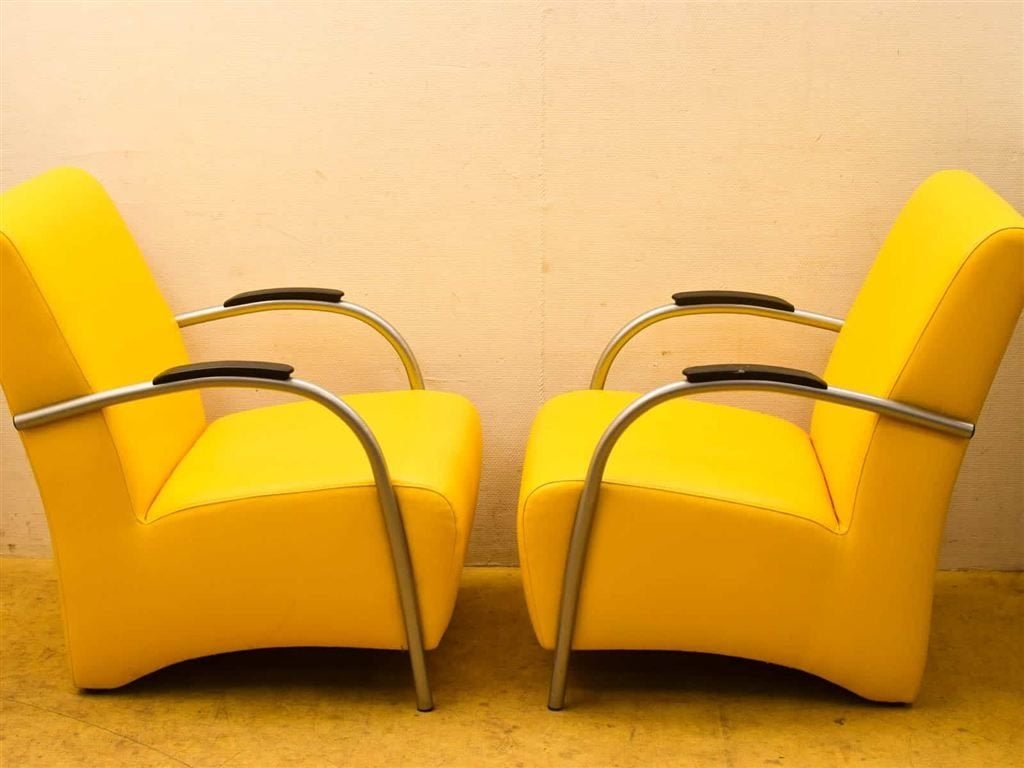2 stuks Gele retro Fauteuils 53178, Huis en Inrichting, Ophalen of Verzenden, Gebruikt, 75 tot 100 cm, 50 tot 75 cm