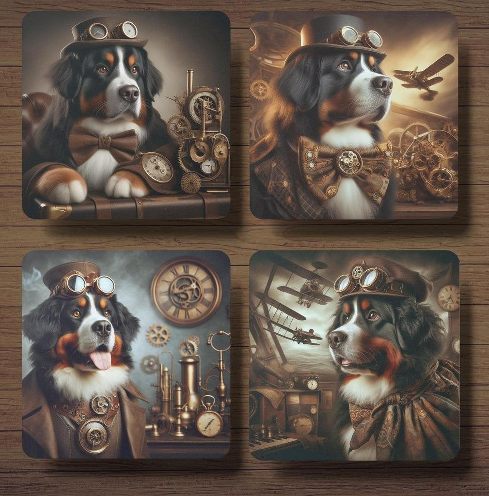 Berner Sennenhond Steampunk onderzetters met houder, Ophalen of Verzenden, Nieuw