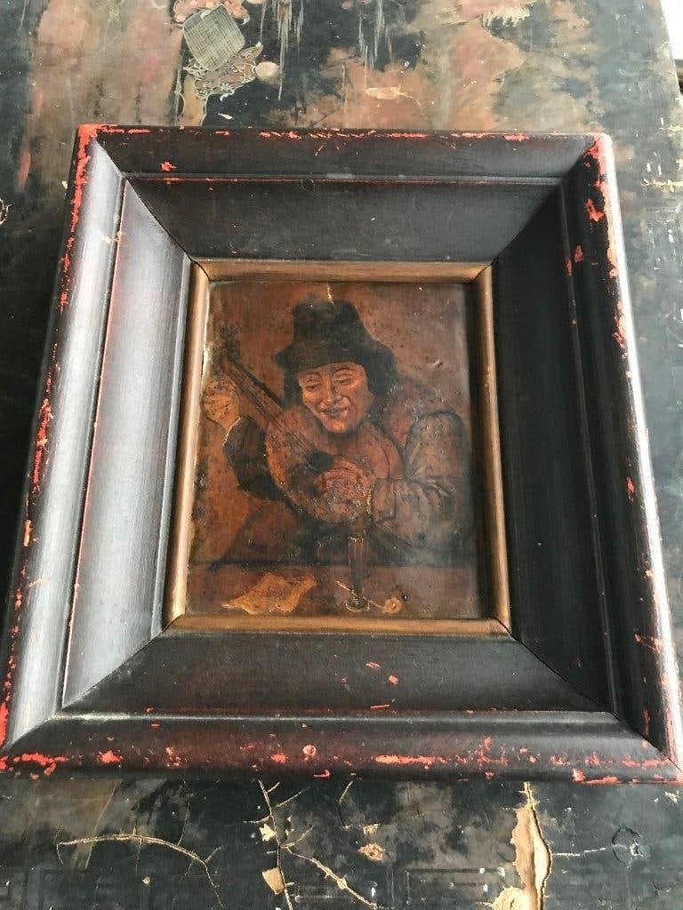 olieverf man met luit op koper, Antiek en Kunst, Kunst | Schilderijen | Klassiek, Portret of Personen, Origineel werk, Olieverf