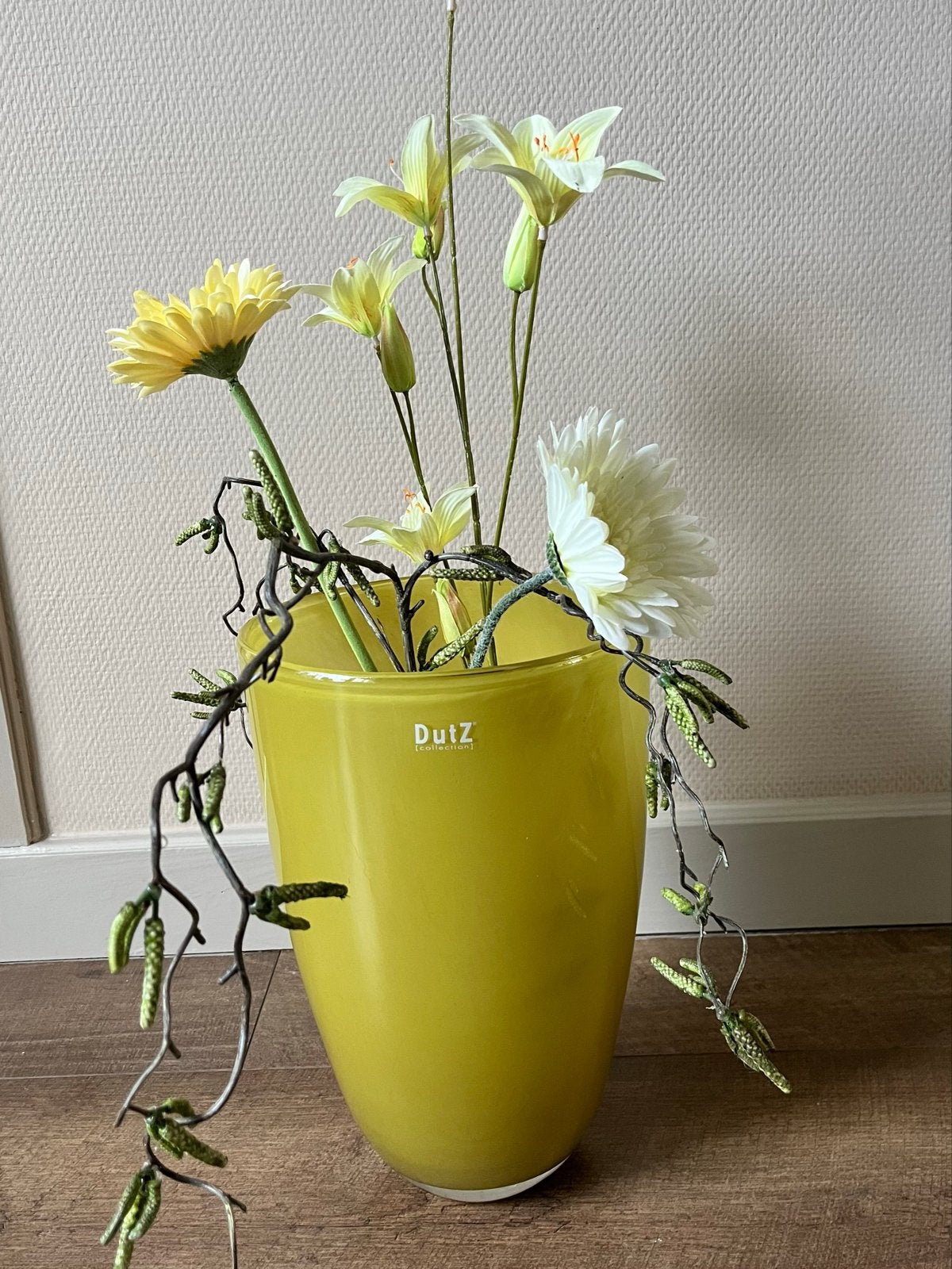 Grote Dutz vaas mondgeblazen design geel, Ophalen of Verzenden, Groen, Handgemaakt, 32 cm