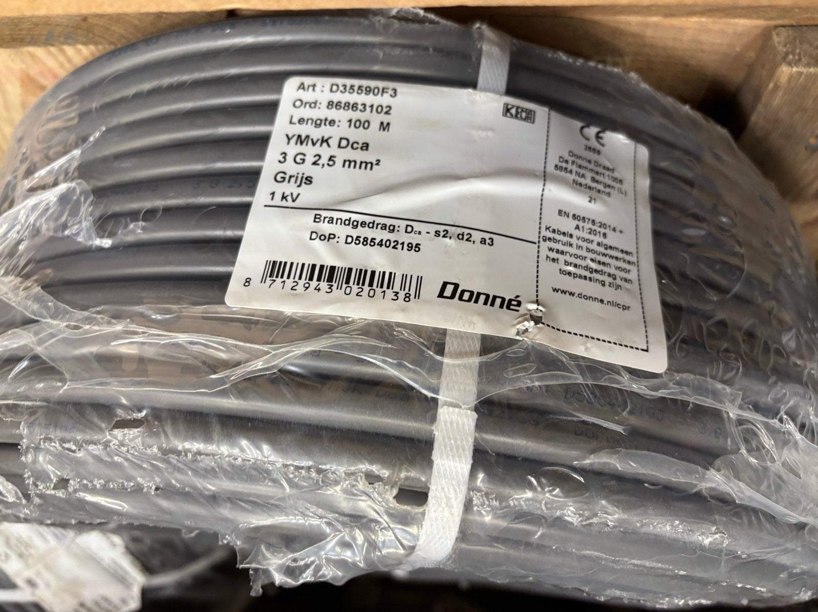 Donné YMvK Dca 3G 2,5 mm² kabel, 100M, grijs, Doe-het-zelf en Verbouw, Ophalen, Nieuw, Overige merken, Kabel of Snoer