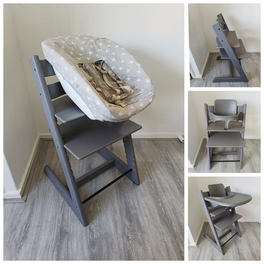 Stokke Tripp Trapp storm grey+babyset,newbornset evt. tray, Kinderen en Baby's, Kinderstoelen, Zo goed als nieuw, Meegroeistoel