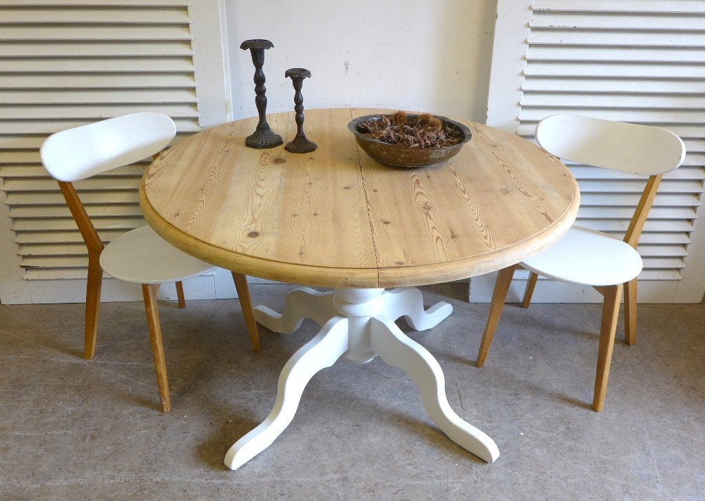 Prachtige witte landelijke uitschuifbare ronde eettafel, Huis en Inrichting, Ophalen, 100 tot 150 cm, Zo goed als nieuw, Vijf personen of meer