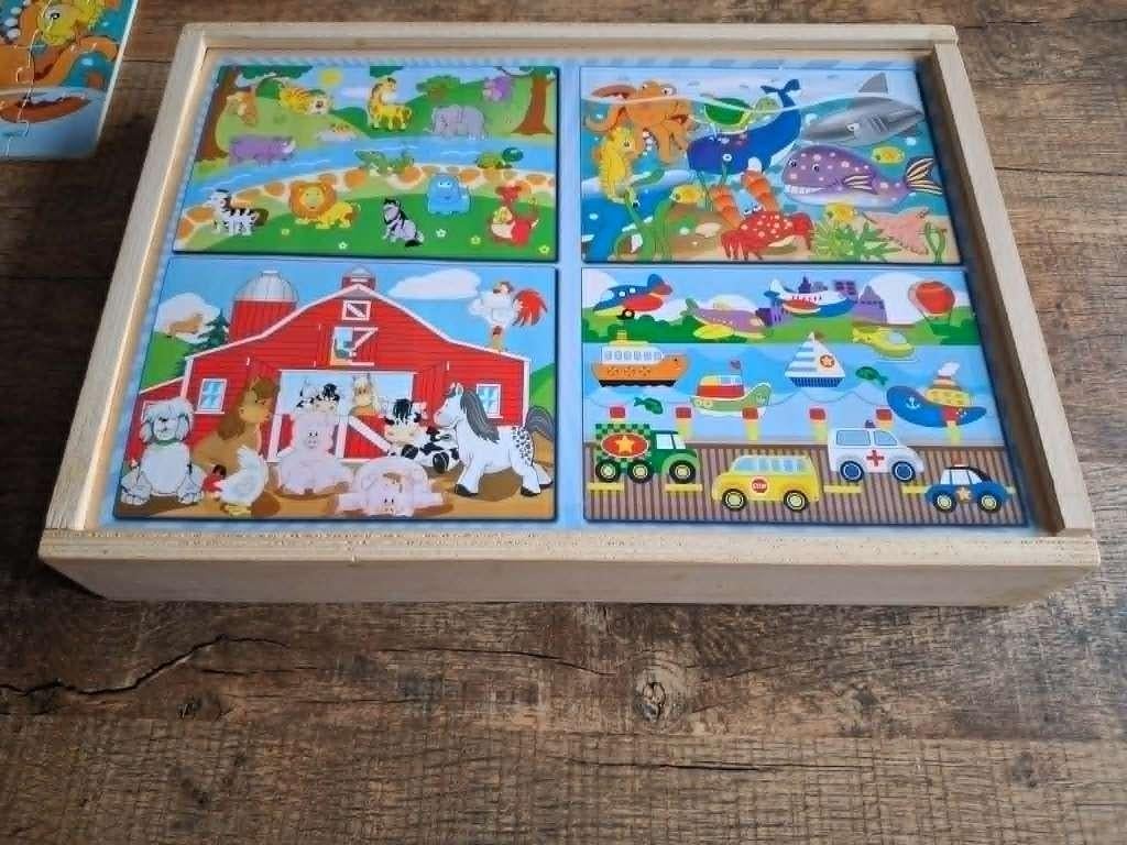 4 complete puzzels in houten doos, Ophalen, Meer dan 50 stukjes, Zo goed als nieuw
