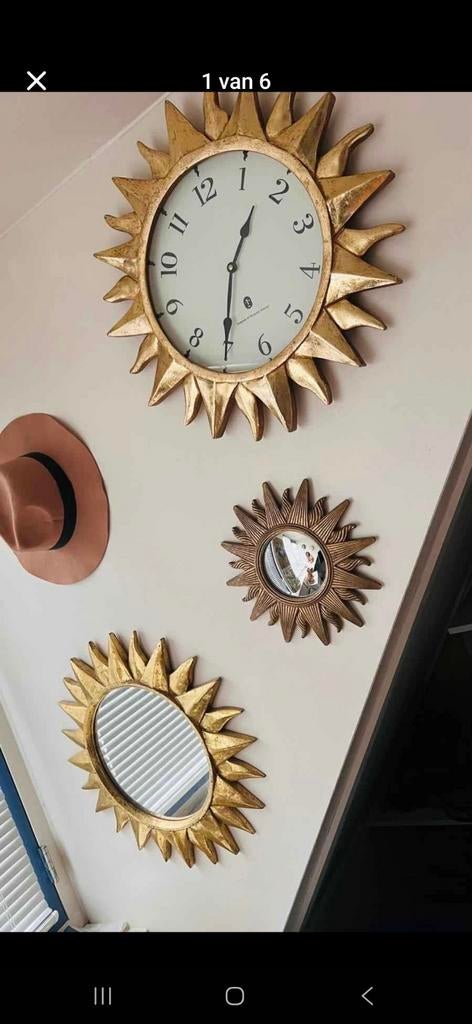 Vintage zon klok & spiegel set - Gouden eyecatcher!, Huis en Inrichting, Ophalen, Gebruikt, Analoog, Wandklok