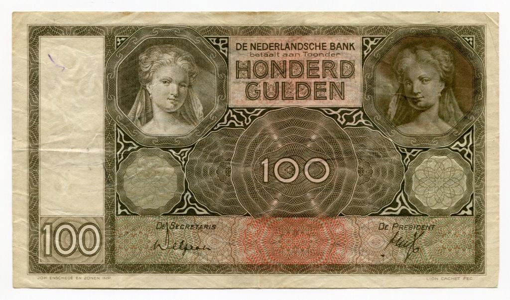 100 Gulden 1930 – Luitspelende vrouw (schaars), Ophalen of Verzenden, 100 gulden, Los biljet