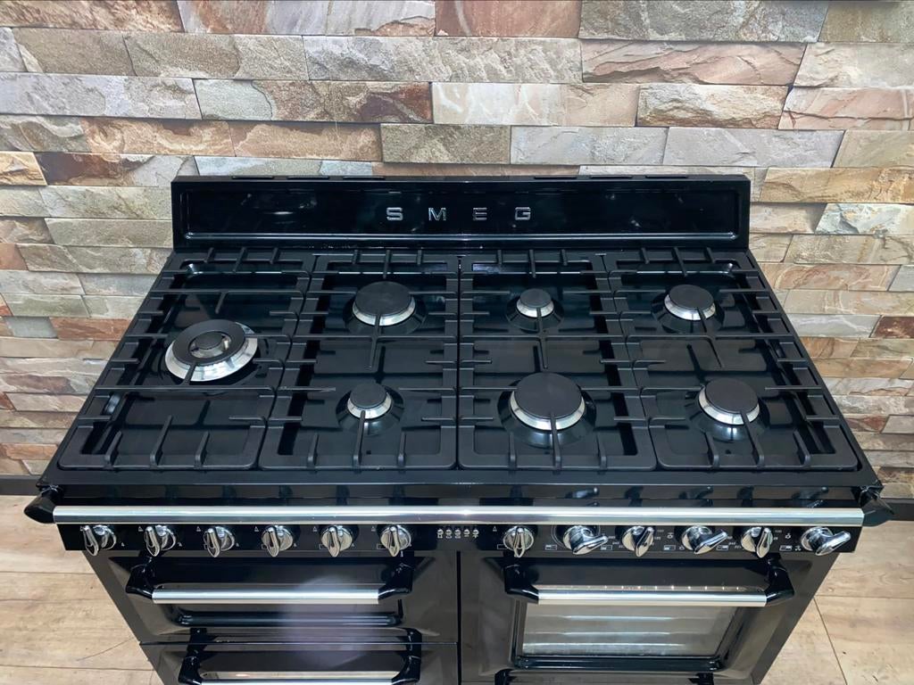Luxe Smeg 7 pits zwart hoogglans met 3 ovens 110 cm, Witgoed en Apparatuur, Fornuizen, 60 cm of meer, Fornello Esperta, Grill