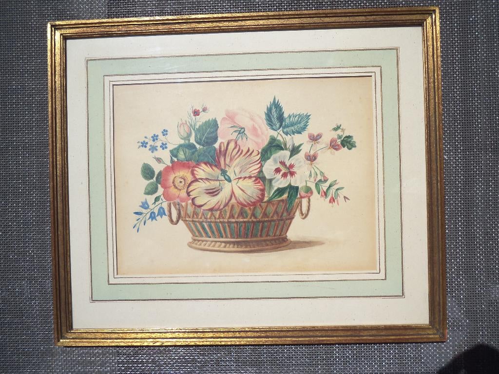 antiek c1850 geschilderd stilleven met rieten bloemenmand, Ophalen of Verzenden