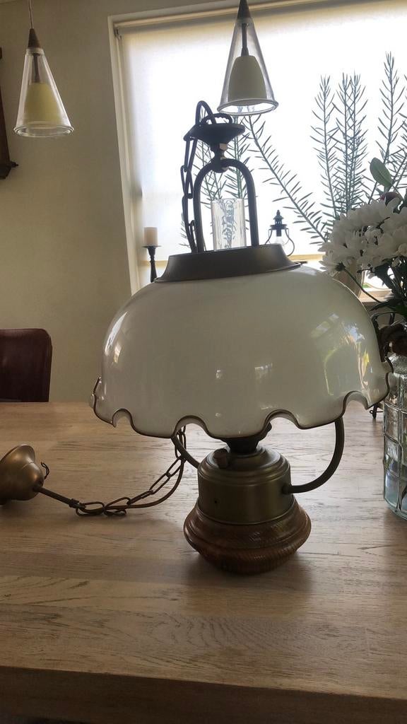 Oude hang petroleumlamp met dimmer diameter kelk 40 cm, Ophalen of Verzenden