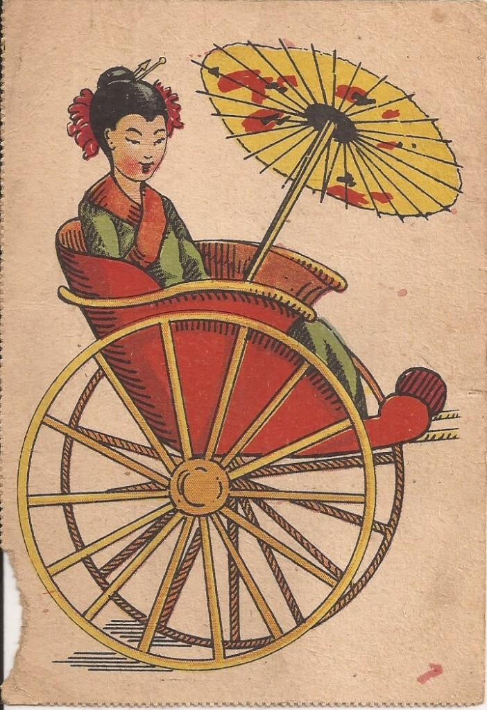 Japanse vrouw met parasol in riksja 40er jaren, Verzamelen, Ophalen of Verzenden, 1940 tot 1960, Ongelopen, Overige thema's