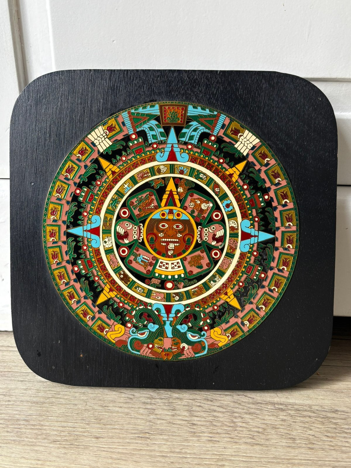 Maya azteekse zon kalender messing op hout, Ophalen of Verzenden