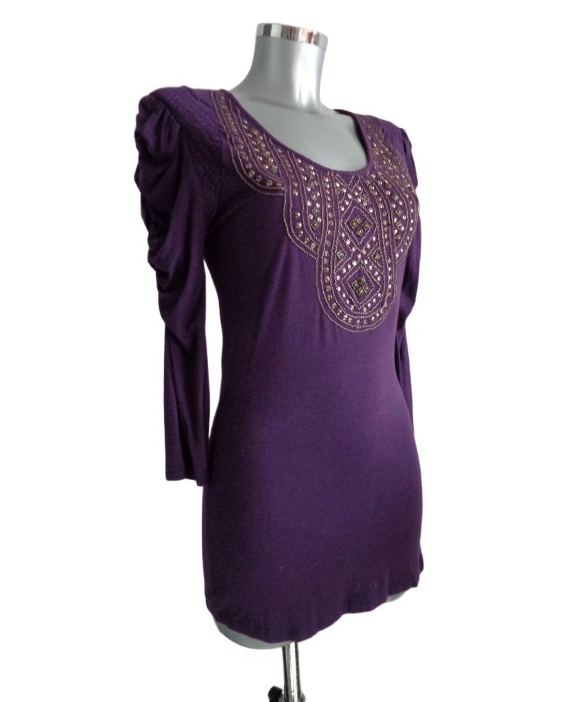 Rene Derhy paarse longsleeve met goud, viscose, small, Nieuw, Paars, Nieuw, Ophalen of Verzenden, Lange mouw
