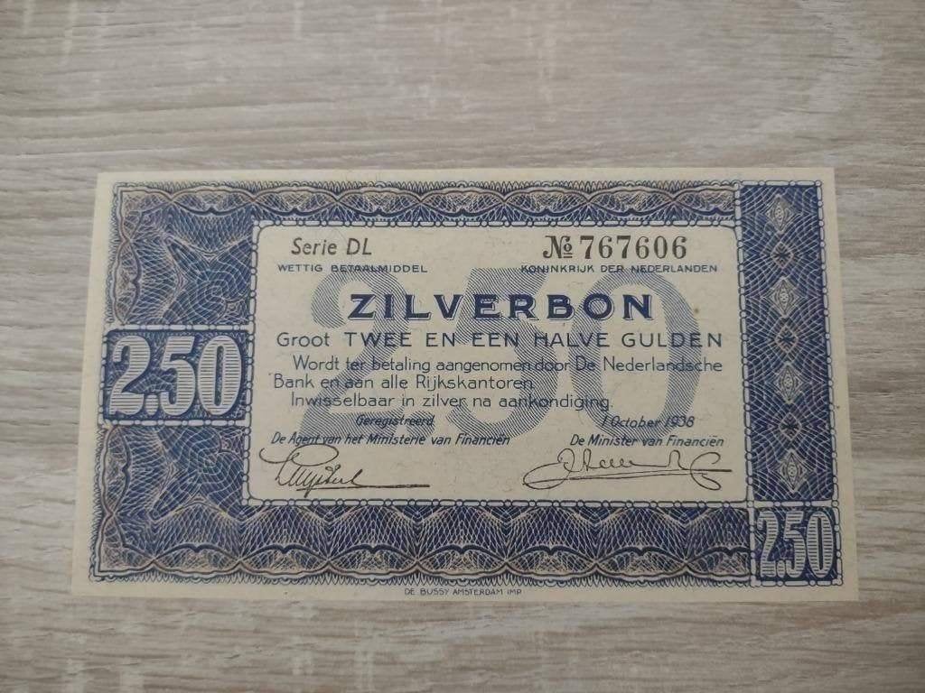 UNC biljet 2,5 gulden 1938, zilverbon, Ophalen of Verzenden, 1 gulden