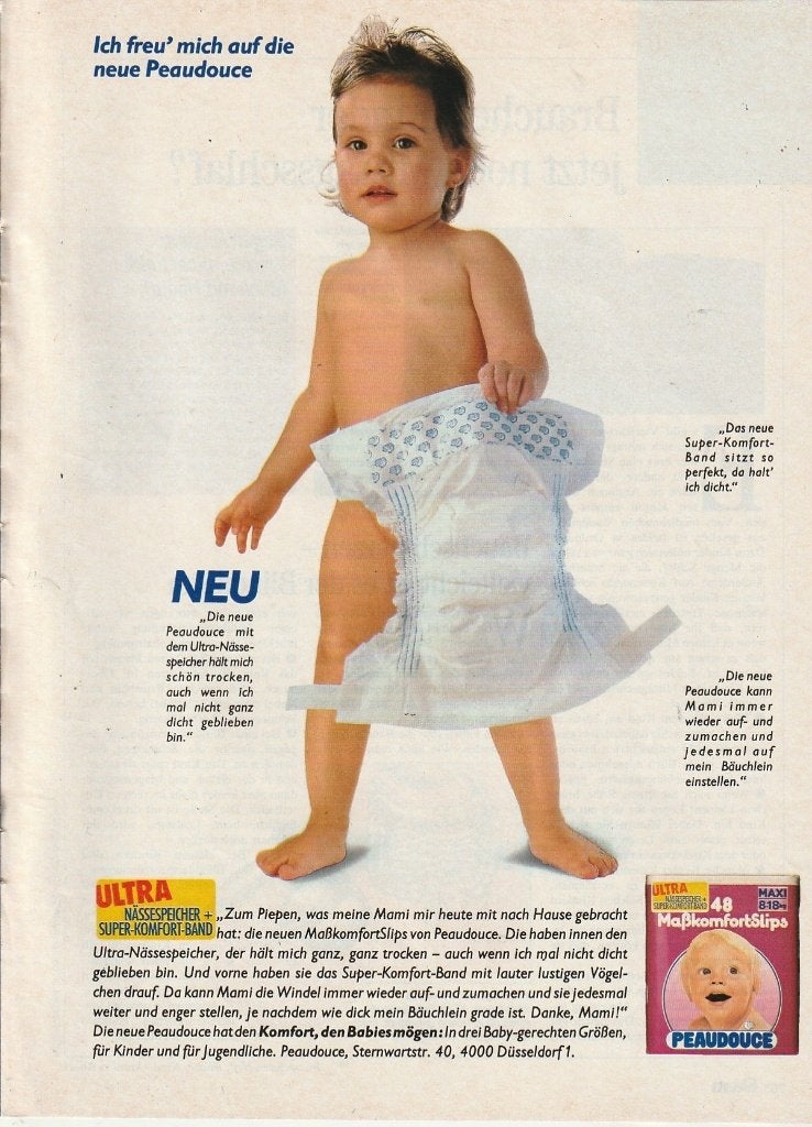 retro reclame 1988 Peaudouce baby luiers voor peuters, Verzenden, Overige typen