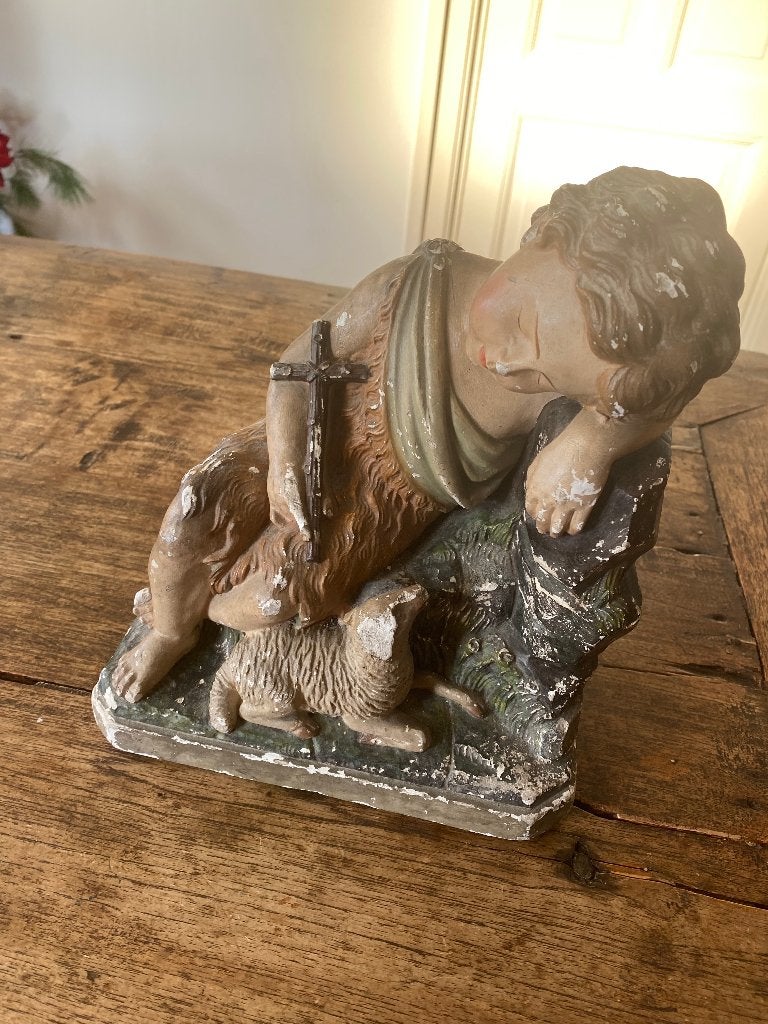 Brocante beeld gips Jezus met lam, goede herder - gesigneerd, Ophalen of Verzenden