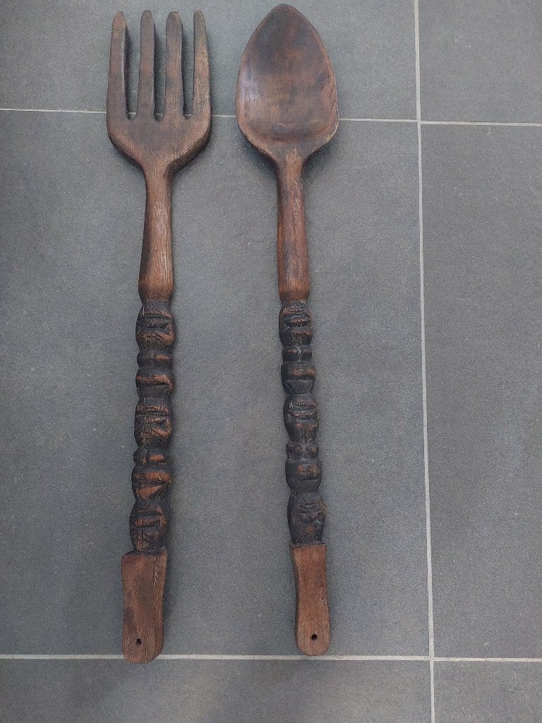 Houten retro bestek XXL 70 cm grote vork lepel van hout, Ophalen of Verzenden, Zo goed als nieuw
