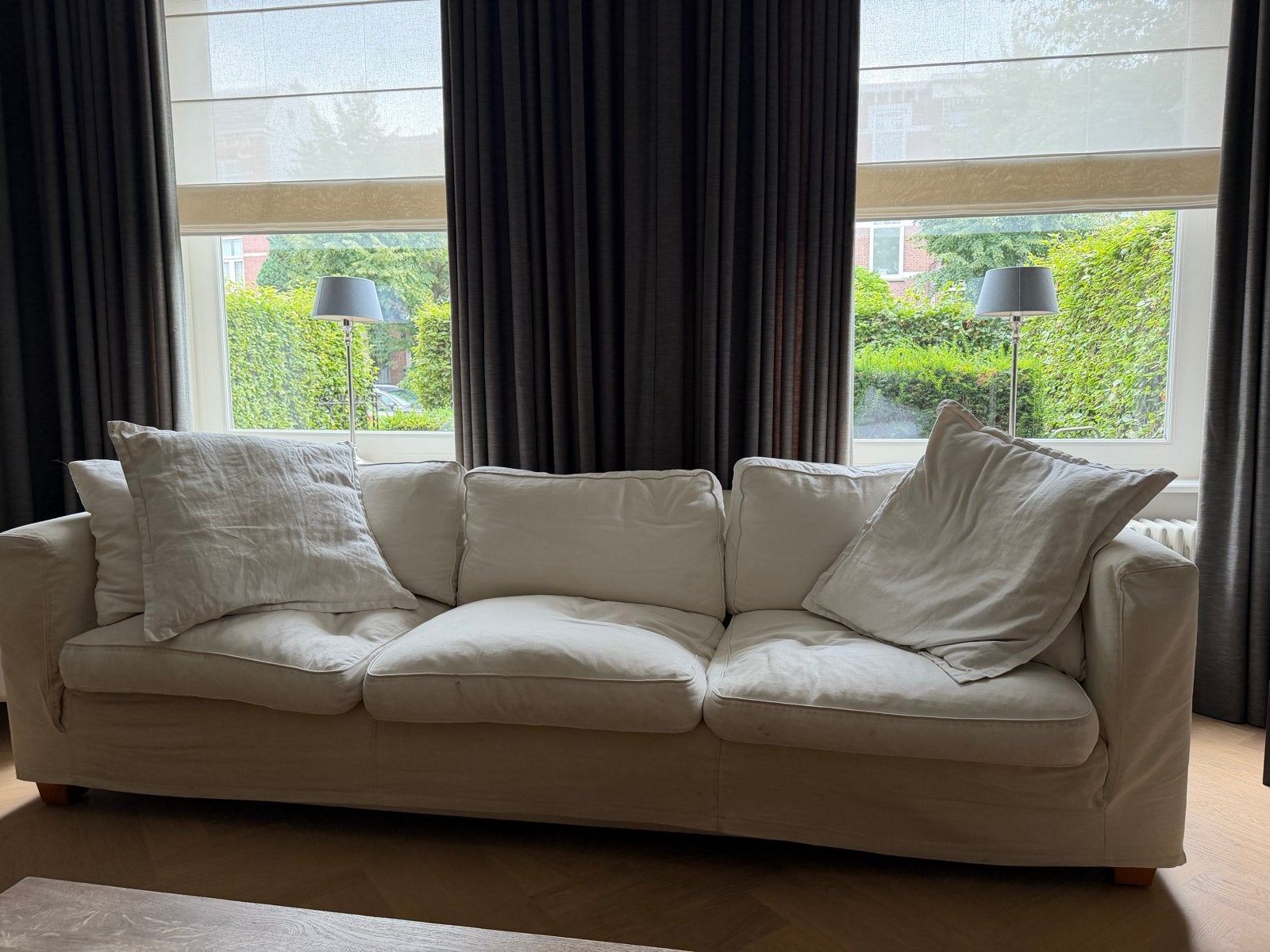 Linteloo comfortabele 3-zitsbank met 2 stoelen en 2 poeffen, Ophalen, Gebruikt, Driepersoons, 75 tot 100 cm