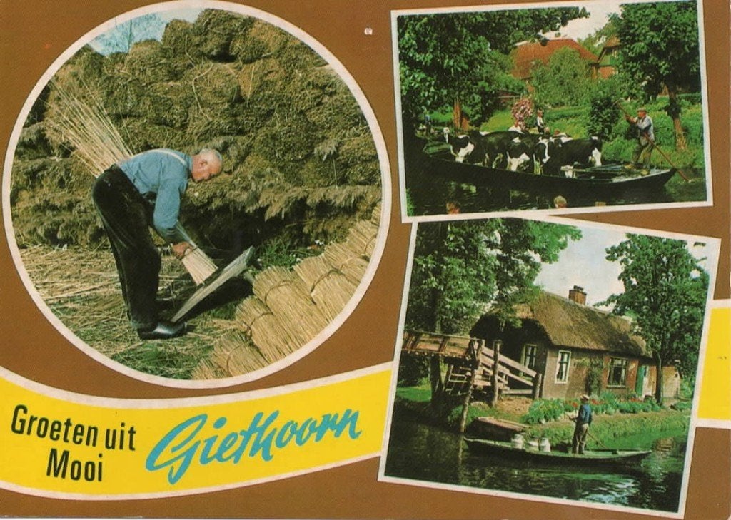 Ansichtkaart Giethoorn, 3-luik, rietbinder, veepunter, Ophalen of Verzenden, 1980 tot heden, Gelopen, Overijssel