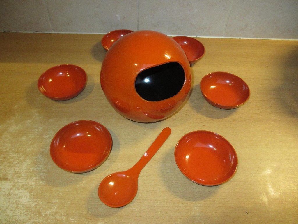 Vintage jaren 70 oranje pinda bol en schaaltjes Space age, Ophalen of Verzenden