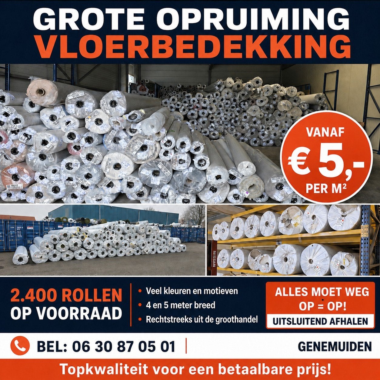 GROTE OPRUIMING VLOERBEDEKKING - Vanaf €5,- p/m², Ophalen, Nieuw, 75 m² of meer, Tapijt