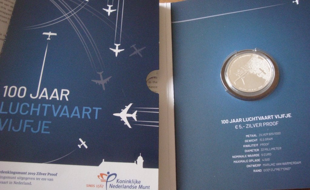 Vijf euro munt vijfje 100 jaar Luchtvaart 2019 zilver proof, Koningin Juliana, Zilver, Euro's, Ophalen of Verzenden