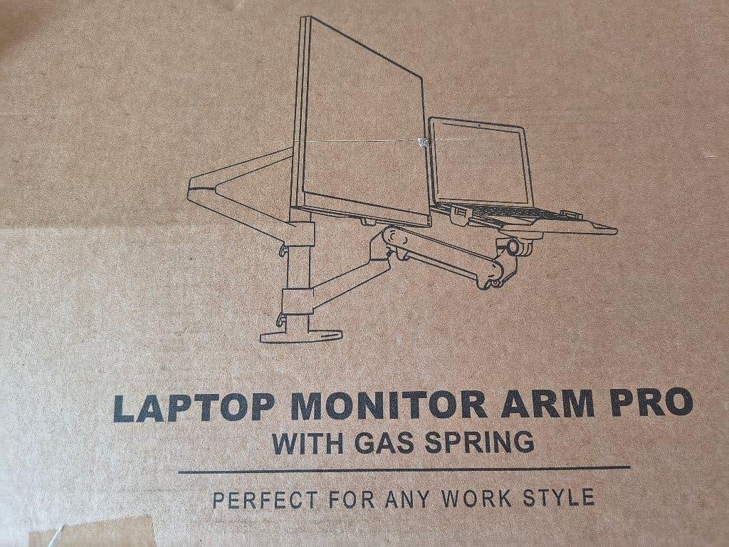 Monitorarm met laptop steun (gasveer), Computers en Software, Ophalen, Zo goed als nieuw, In diepte verstelbaar