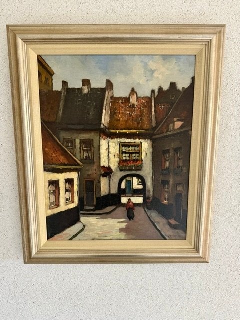 Schilderij Stadsgezicht Nijmegen van L. Hartman (in lijst), Overige stijlen, Doek, Ophalen of Verzenden, Olieverf