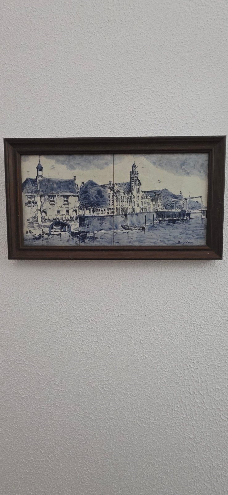 Delfts blauw tegeltableau met stadsgezicht, Huis en Inrichting, Gebruikt, Ophalen of Verzenden, Schilderij, 5 – 50