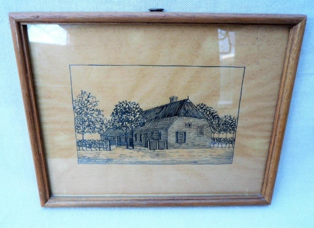 Pentekening oude boerderij.25 x 19 cm., Ophalen of Verzenden, Tekening, Potloodtekening