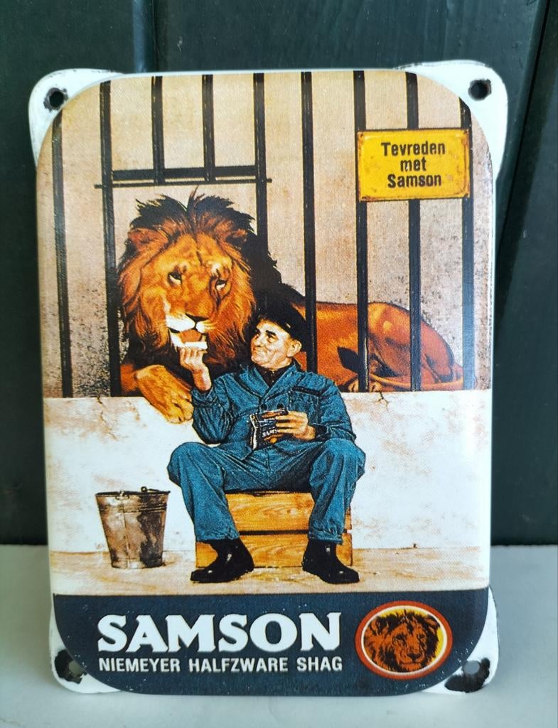 Oud emaille deurpostje van Samson Niemeyer halfzware shag, Ophalen of Verzenden, Gebruikt, Reclamebord