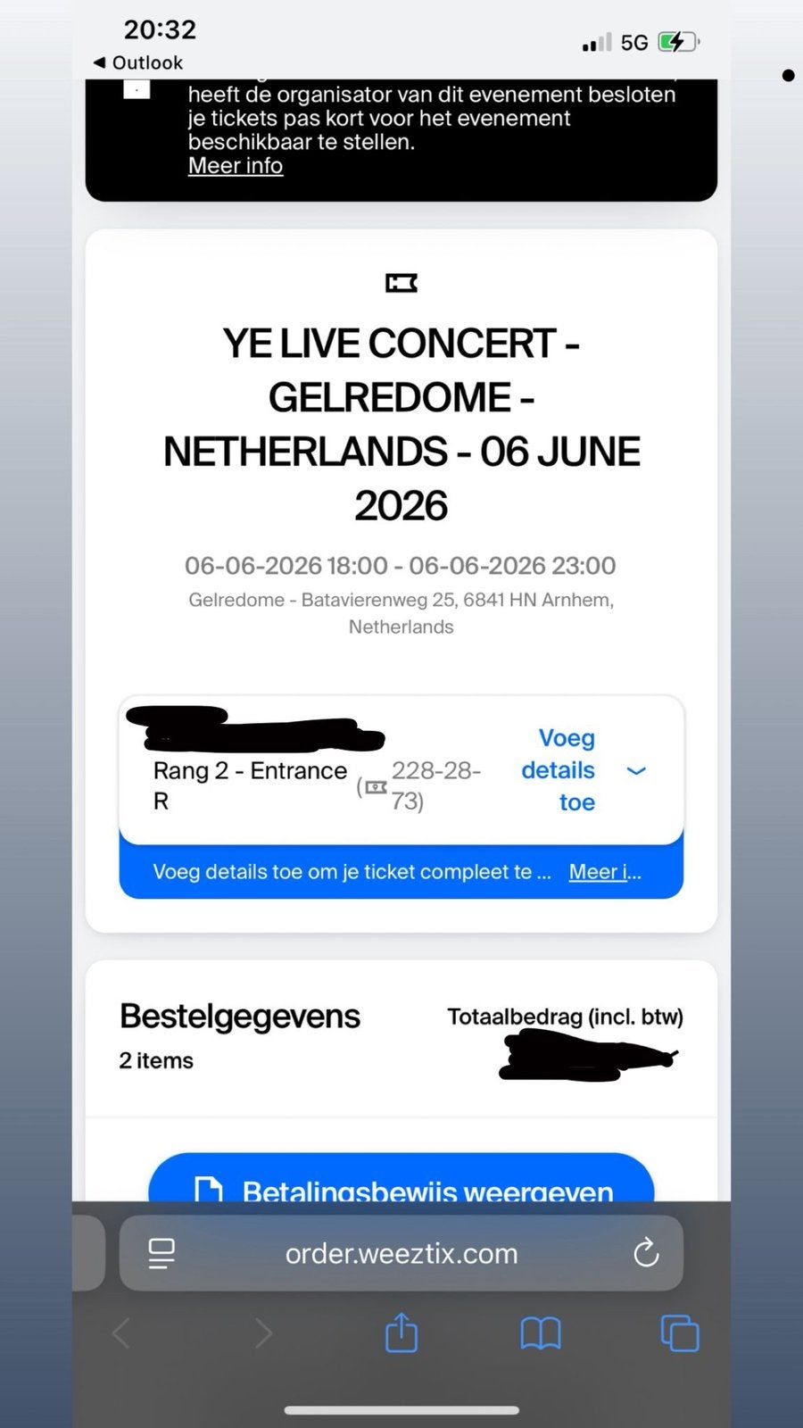 YE tickets 6 juni Arnhem, Ophalen of Verzenden, Zo goed als nieuw, Desktop, USB