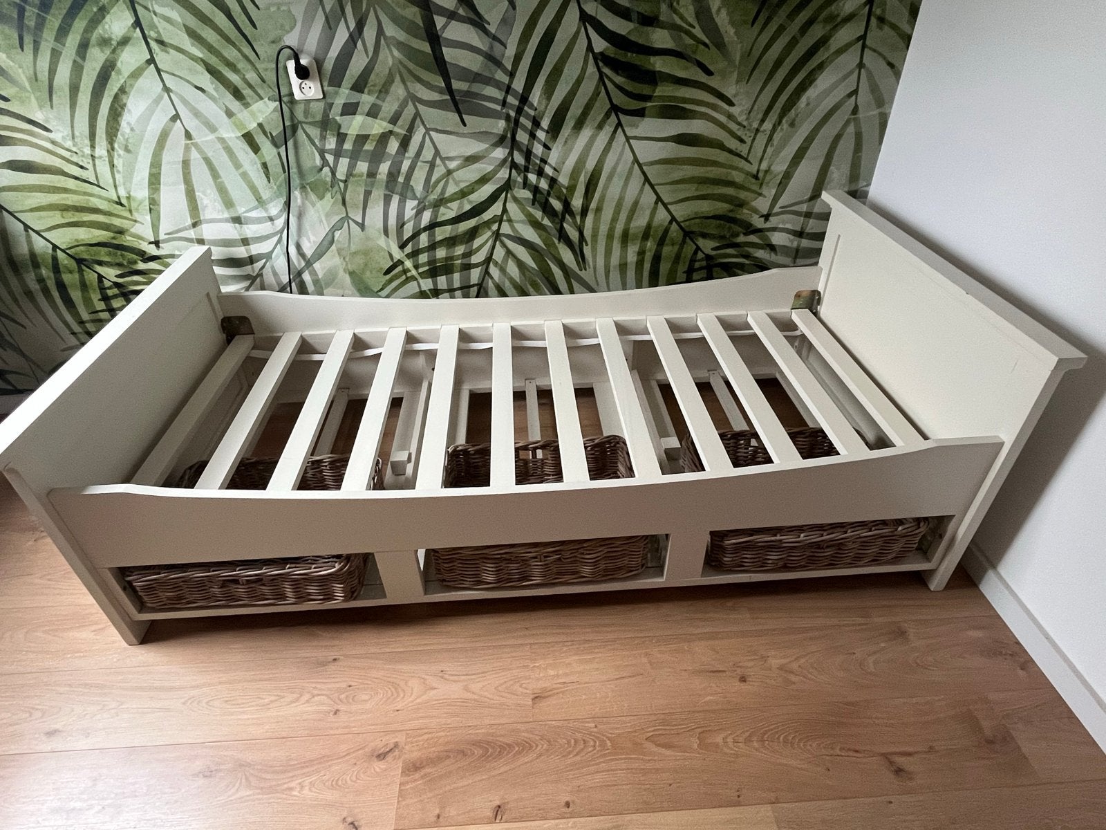 Bedframe met rieten manden - 208x99 cm, Ophalen, 100 cm, Eenpersoons, Wit