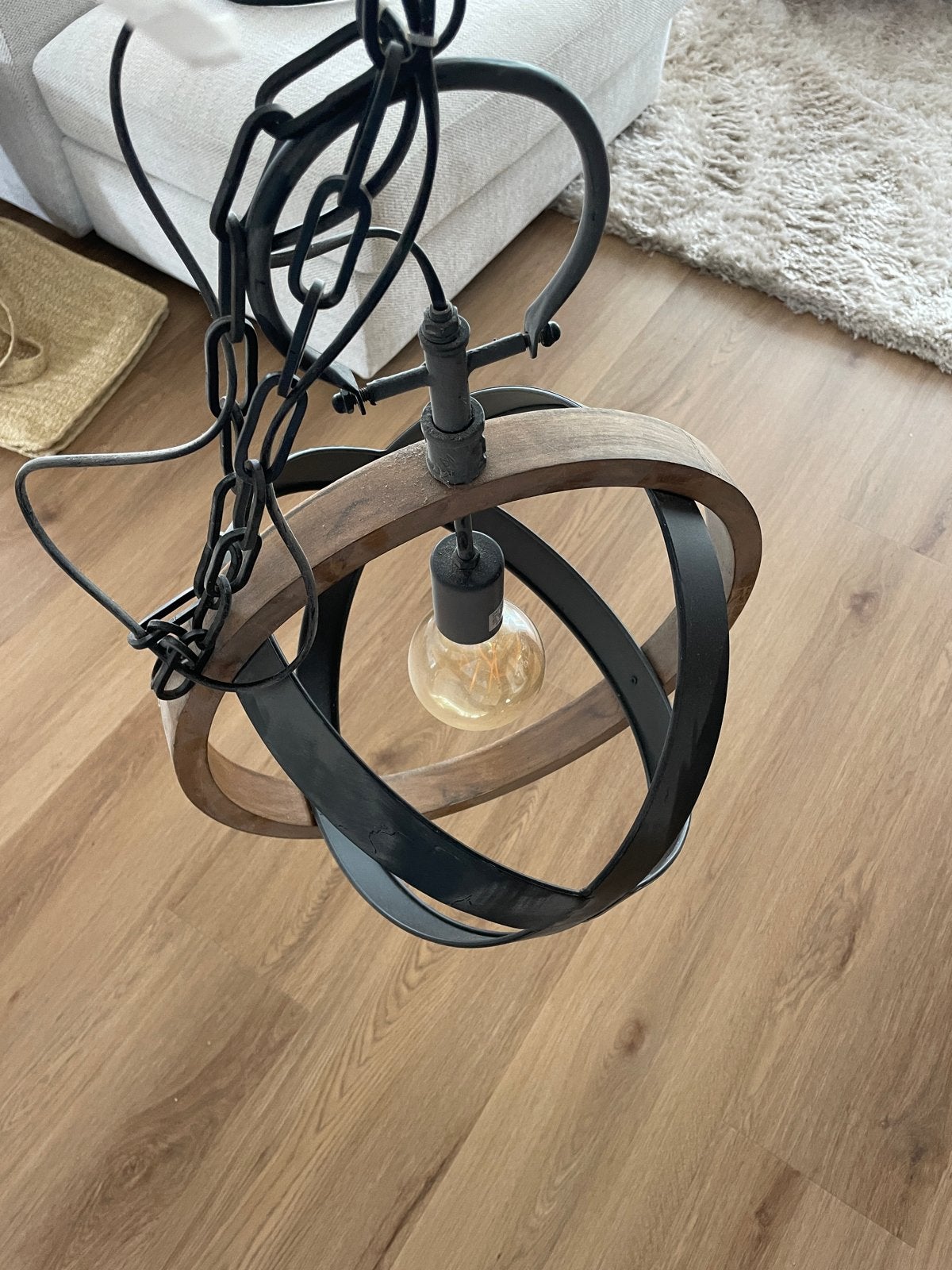 Industriële hanglamp met houten en metalen ringen, Ophalen, Zo goed als nieuw, Hout, E27 (groot)
