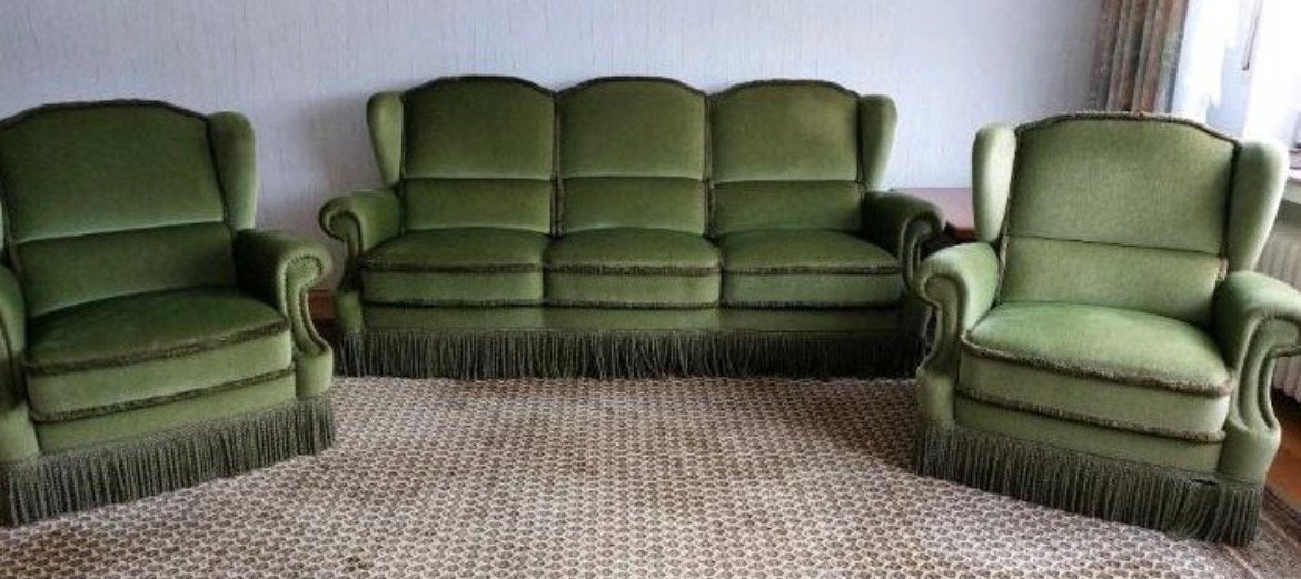 Bankstel vintage groen franjes, bank fauteil, Ophalen
