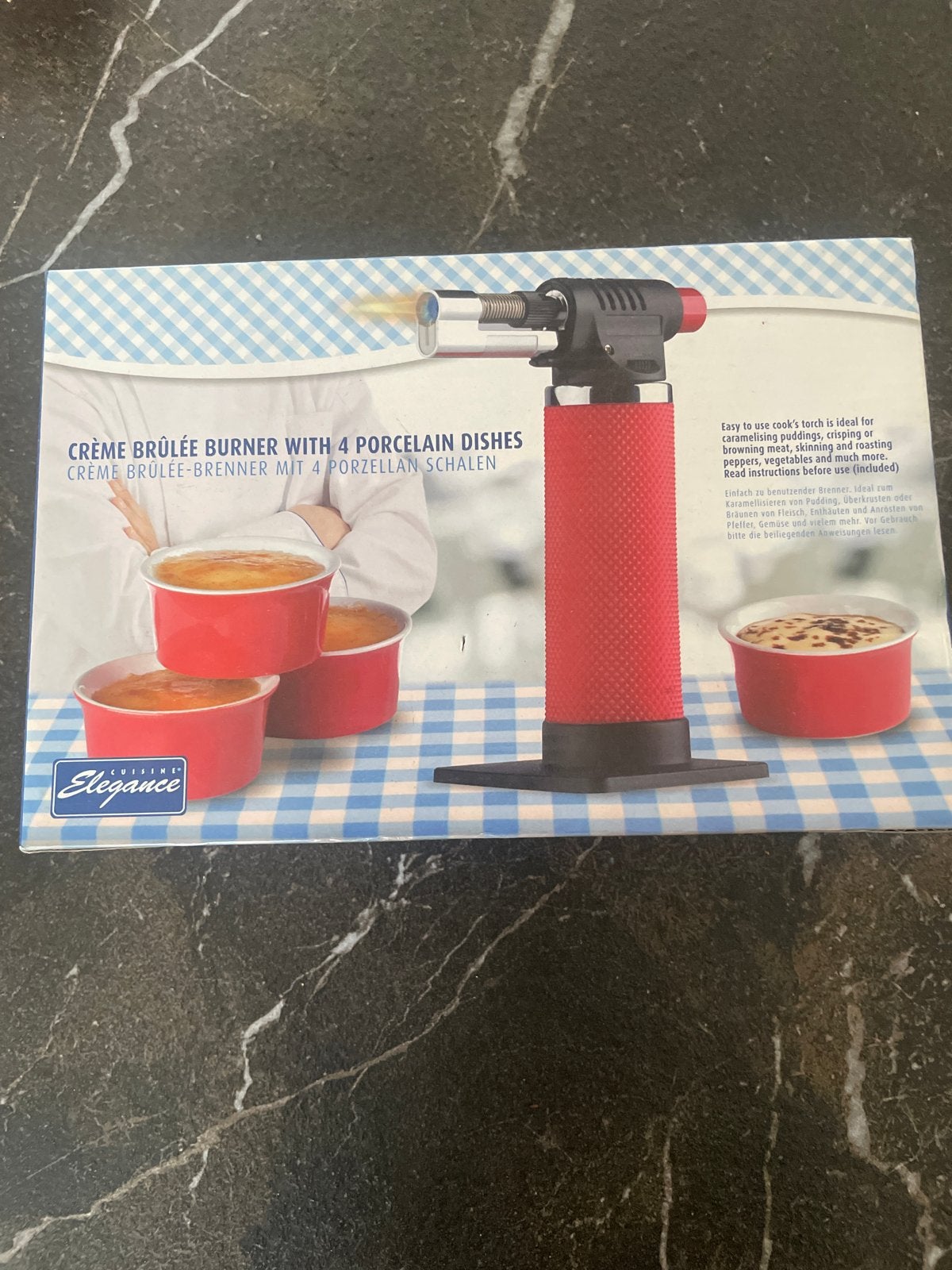 Crème Brûlée brander met 4 rode porseleinen schaaltjes, Overige typen, Nieuw, Ophalen of Verzenden, Steen/keramiek