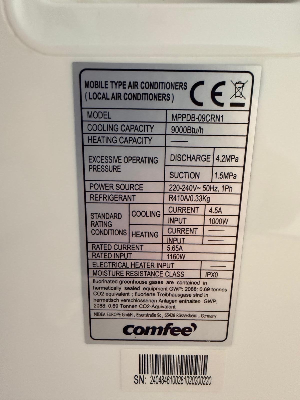 Goedwerkende Comfee mobiele airconditioning 9000 BTU/h, Ophalen, Minder dan 60 m³, 3 snelheden of meer, Zo goed als nieuw